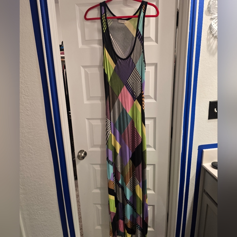 Green and Purple Sleeveless Sundress with Scoop Neck